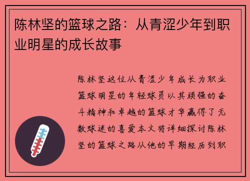陈林坚的篮球之路：从青涩少年到职业明星的成长故事